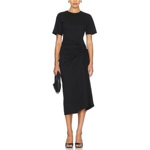 FRAME Ruched Front Tie Black Midi Dress XS NWT | Asymmetric Draped Cotton Jersey